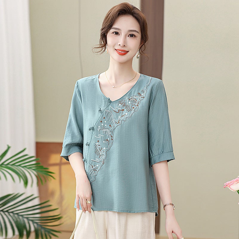 Mothers Chinese Style National Style Buckle Top Small Shirt Summer 2024 New Middle-aged and Elderly Womens Cotton and Linen Short-sleeved T-shirt apple green - Image 2