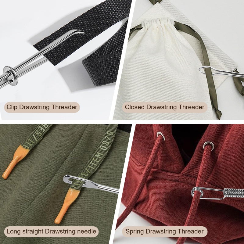 Firstop 4Pcs Drawstring Threader Tool, Stainless Steel Threading Tool Kit with Spring-Loaded Tweezers & Safety Pins for Hoodies, Shoes, Pants | Replace Lost Drawstrings, Elastic Cords Easily - Image 2
