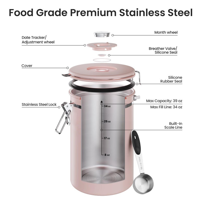 Veken Coffee Canister, 39OZ Large, Airtight Stainless Steel Food Storage Container for 2.2lbs Coffee Beans, Ground, Sugar, Tea, Cookie,Flour, Kitchen Bar Accessories with Date Tracker & Scoop, Pink - Image 5