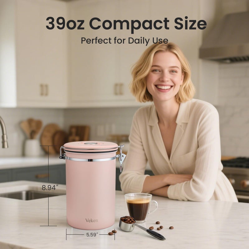 Veken Coffee Canister, 39OZ Large, Airtight Stainless Steel Food Storage Container for 2.2lbs Coffee Beans, Ground, Sugar, Tea, Cookie,Flour, Kitchen Bar Accessories with Date Tracker & Scoop, Pink - Image 3