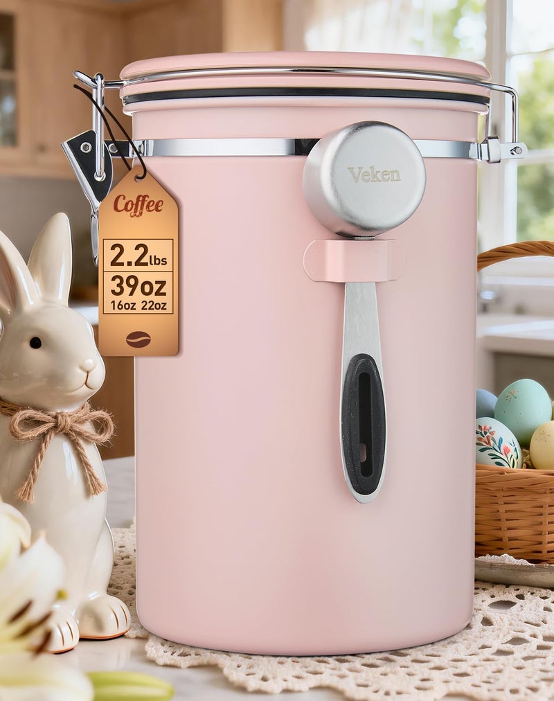 Veken Coffee Canister, 39OZ Large, Airtight Stainless Steel Food Storage Container for 2.2lbs Coffee Beans, Ground, Sugar, Tea, Cookie,Flour, Kitchen Bar Accessories with Date Tracker & Scoop, Pink - Image 1