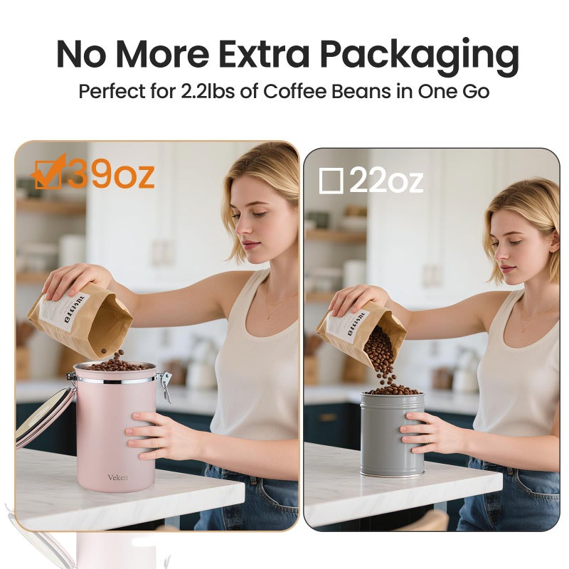 Veken Coffee Canister, 39OZ Large, Airtight Stainless Steel Food Storage Container for 2.2lbs Coffee Beans, Ground, Sugar, Tea, Cookie,Flour, Kitchen Bar Accessories with Date Tracker & Scoop, Pink - Image 4