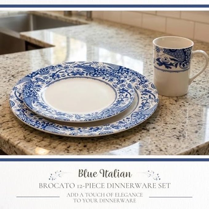 Spode Blue Italian Brocato 12 Piece Dinnerware Set | Service for 4 | Dinner Plate, Salad Plate, and Mug | Made of Fine Earthenware | Microwave and Dishwasher Safe - Image 2