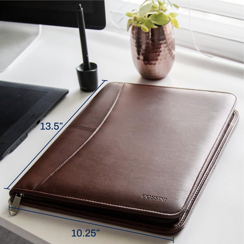 Cossini Premium Business Portfolio with Zipper â€“ Padfolio - Superior Business Impressions Begin with PU Vegan Leather, 10.1 Inch Tablet Sleeve, Smart Storage, Solar Calculator, Writing Pad -Brown - Image 4