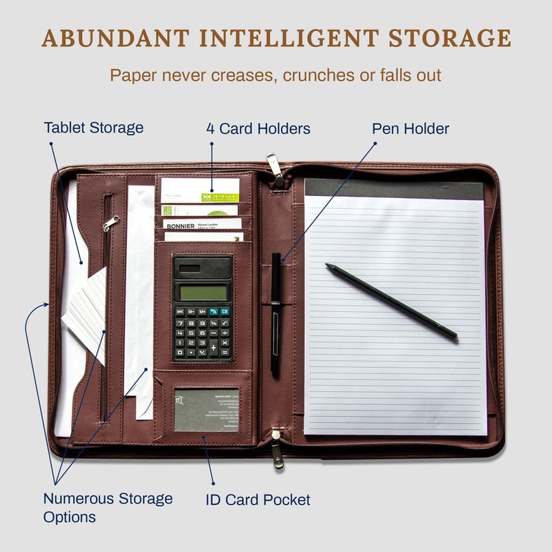 Cossini Premium Business Portfolio with Zipper â€“ Padfolio - Superior Business Impressions Begin with PU Vegan Leather, 10.1 Inch Tablet Sleeve, Smart Storage, Solar Calculator, Writing Pad -Brown - Image 2