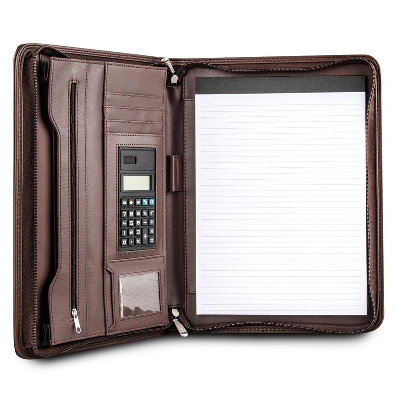 Cossini Premium Business Portfolio with Zipper â€“ Padfolio - Superior Business Impressions Begin with PU Vegan Leather, 10.1 Inch Tablet Sleeve, Smart Storage, Solar Calculator, Writing Pad -Brown - Image 1