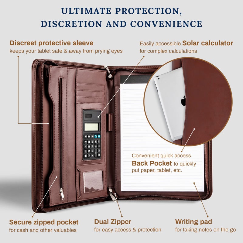 Cossini Premium Business Portfolio with Zipper â€“ Padfolio - Superior Business Impressions Begin with PU Vegan Leather, 10.1 Inch Tablet Sleeve, Smart Storage, Solar Calculator, Writing Pad -Brown - Image 3