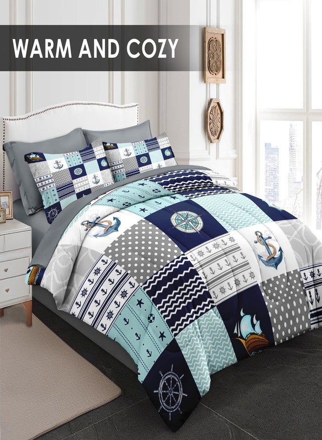 WeCozy 7 Pcs Full Size Comforter Set with 2 Pillowcases & 2 Shams, Nautical Blue Marine Summer Bedding for Kids and Adults, Sea Ocean Boat Plaid Bed in a Bag with Flat Fitted Sheet - Image 3