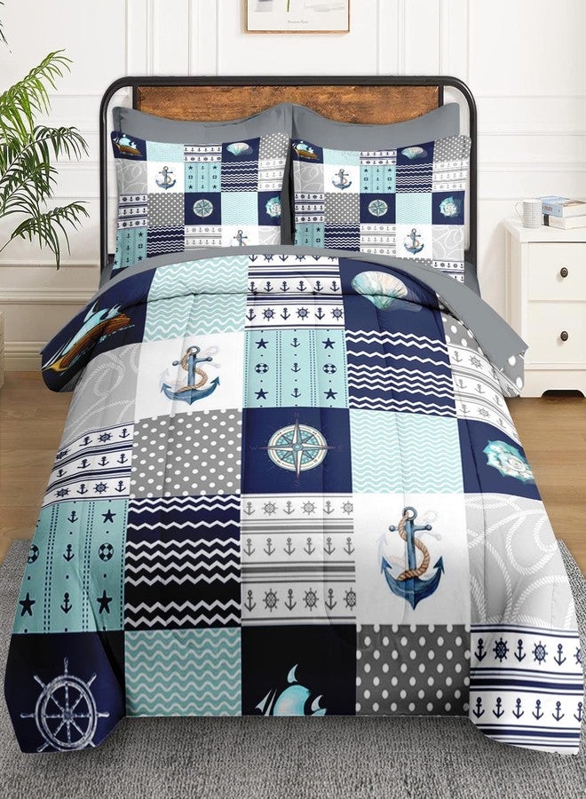 WeCozy 7 Pcs Full Size Comforter Set with 2 Pillowcases & 2 Shams, Nautical Blue Marine Summer Bedding for Kids and Adults, Sea Ocean Boat Plaid Bed in a Bag with Flat Fitted Sheet - Image 2