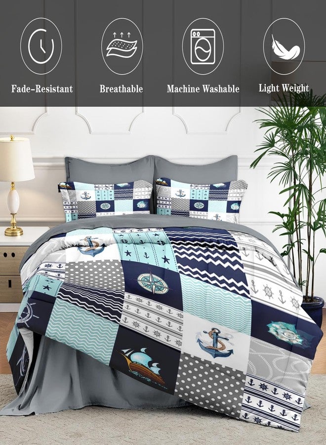 WeCozy 7 Pcs Full Size Comforter Set with 2 Pillowcases & 2 Shams, Nautical Blue Marine Summer Bedding for Kids and Adults, Sea Ocean Boat Plaid Bed in a Bag with Flat Fitted Sheet - Image 4
