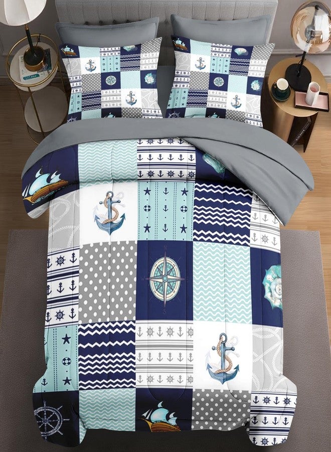 WeCozy 7 Pcs Full Size Comforter Set with 2 Pillowcases & 2 Shams, Nautical Blue Marine Summer Bedding for Kids and Adults, Sea Ocean Boat Plaid Bed in a Bag with Flat Fitted Sheet - Image 1