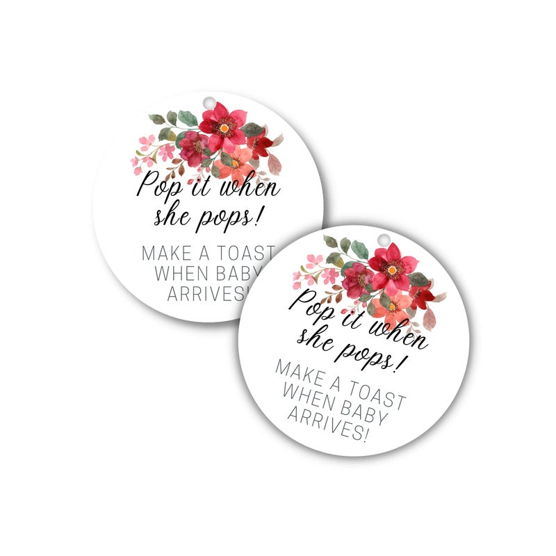 Pop It When She Pops Champagne Tag 30 Pack 25 inch Circle Tag with PreCut Hole Baby Shower Party Favor Tag Burgundy Rose Design for Baby Shower Party Favor