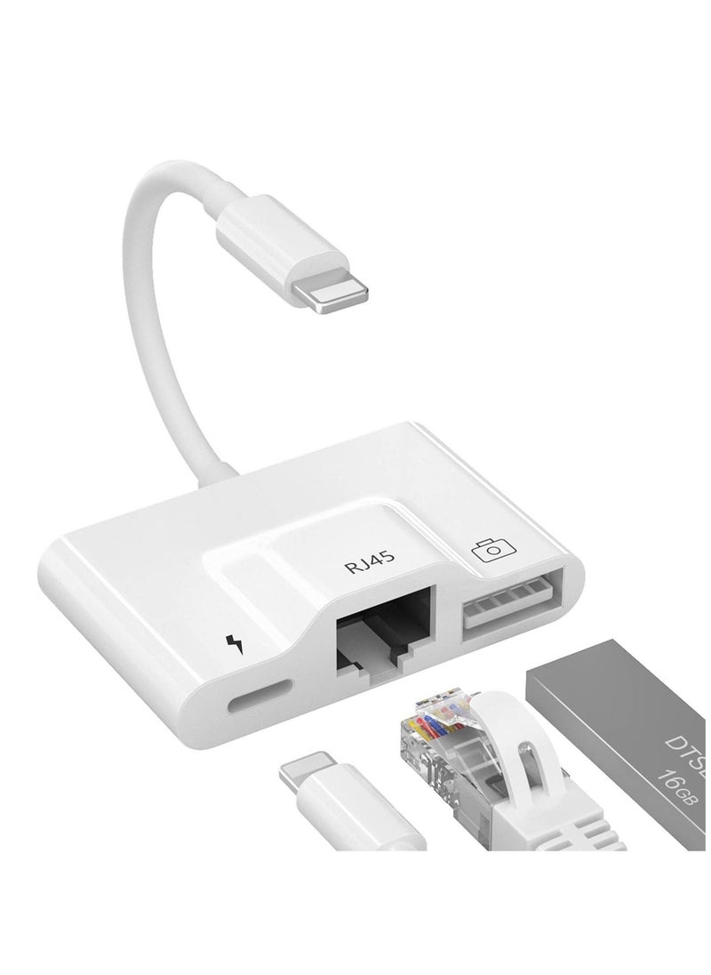 Y&D - RJ45 Ethernet Adapter, OTG Charging Port 3-In-1 USB Wired Adapter for iPhone, Ipad Camera High-Speed Reader Cable Converter Hub - Image 1