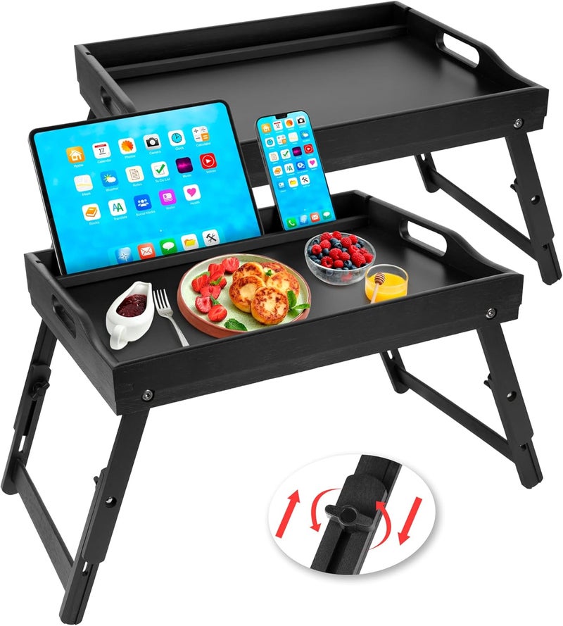 Greenual 2 Pack Bed Tray Table with Handles Folding Legs, Bamboo Breakfast Food Tray with Media Slot, Use As Platter, Laptop Desk, Snack, TV Tray Kitchen Serving Tray(Black) - Image 1