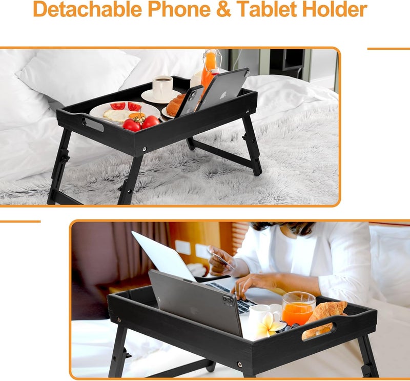 Greenual 2 Pack Bed Tray Table with Handles Folding Legs, Bamboo Breakfast Food Tray with Media Slot, Use As Platter, Laptop Desk, Snack, TV Tray Kitchen Serving Tray(Black) - Image 2