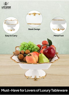 Life Smile LIFE SMILE Round Bone China Serving Bowl With Gold Stand  - Fruit Basket For Fruit Vegetable Storage Snack Nuts Cake Dessert  - Image 3