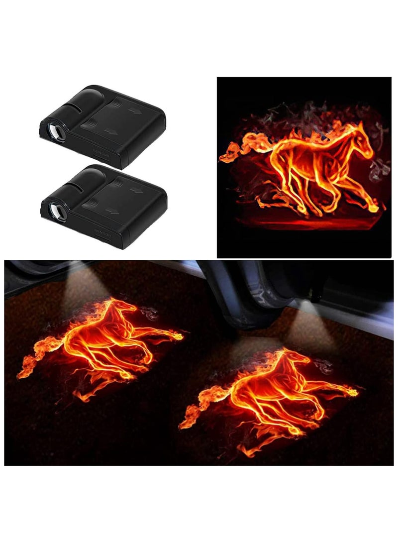 2PCS Car Door Logo Projector Lights - Fire Horse Welcome Courtesy Ghost Shadow Lamp | Universal Fit for All Car Models | Easy Installation, LED Car Door Lights with Stunning Fire Horse Design - Image 1
