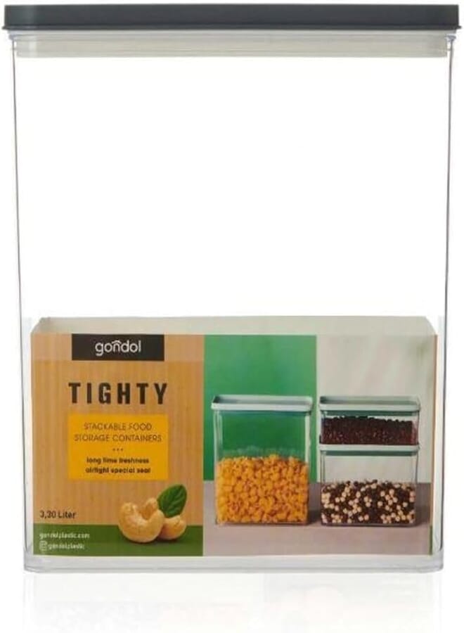 Gondol Tighty Rectangular Food Storage Container (3,30 Lt) (104 * 210 * 234 mm) *Air tight *Stackable Transparent with light gray Lid