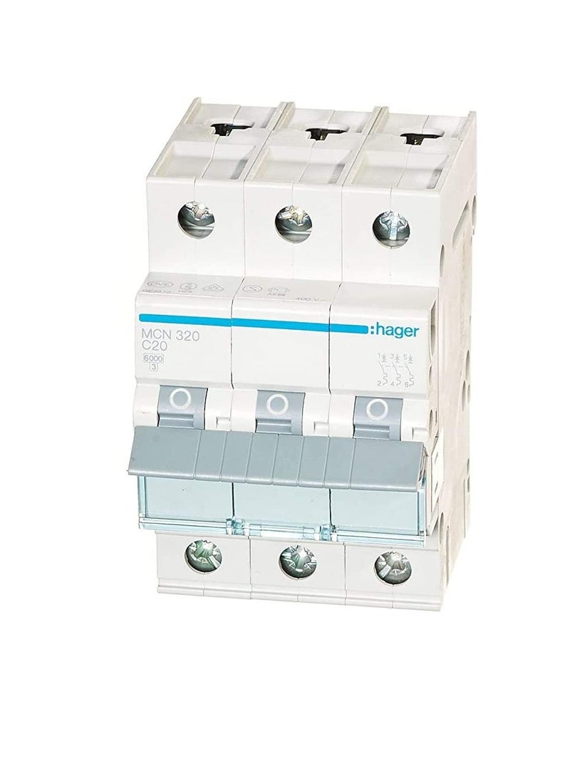 Hager HAGER Miniature circuit breaker Three Pole 20A 6KA TP MCB TYPE C MCN320 *ONEKONEKT*  - Image 1
