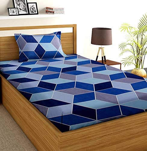 SpangleHomes 100% Soft Glace Cotton Queen Size Elastic Fitted Bedsheet with 2 Large Pillow Covers (Design- Blue Rectangle, Elastic Single) - Image 5