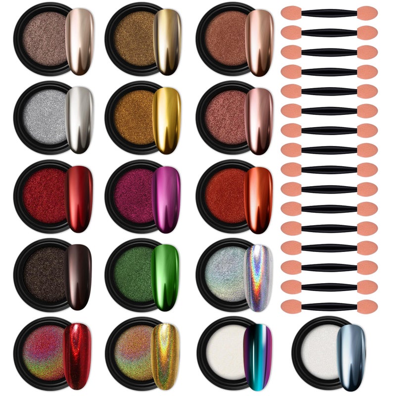 Artdone 16 Jars Chrome Nail Powder Magic White Pearl Kit Mirror Effect Silver Metallic Holographic Dip Nail Powder Decoration Iridescent Aurora Mermaid Pigment - Image 1