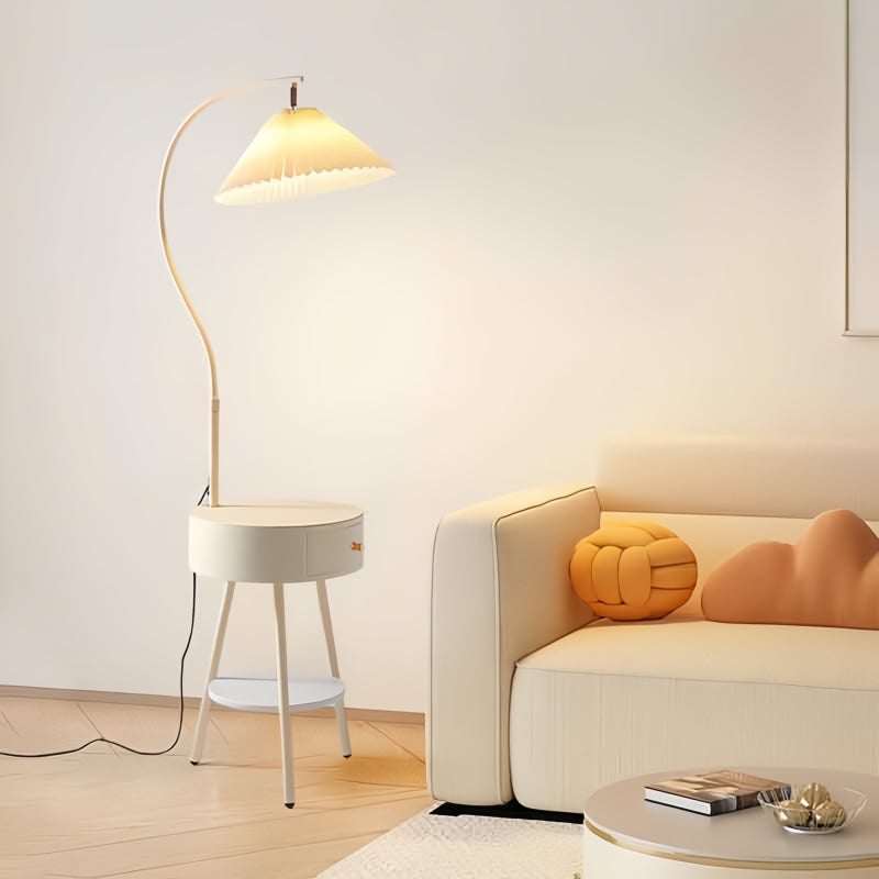 Sharpdo 3-Color Light LED Cream Style Pleated Shade Floor Lamp with White Drawer, Height Adjustable - Image 5