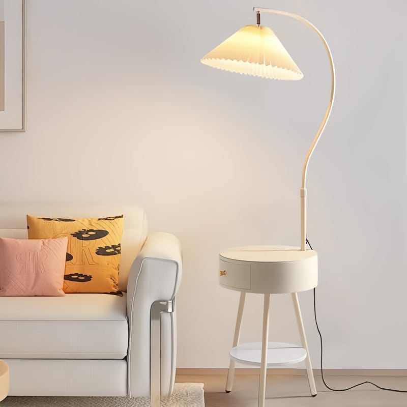 Sharpdo 3-Color Light LED Cream Style Pleated Shade Floor Lamp with White Drawer, Height Adjustable - Image 4
