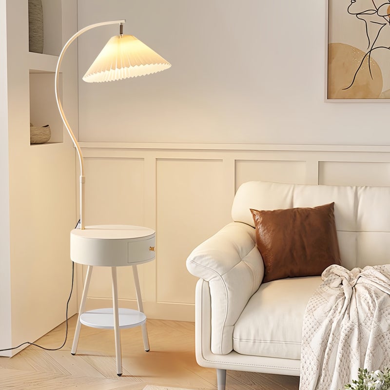 Sharpdo 3-Color Light LED Cream Style Pleated Shade Floor Lamp with White Drawer, Height Adjustable - Image 2
