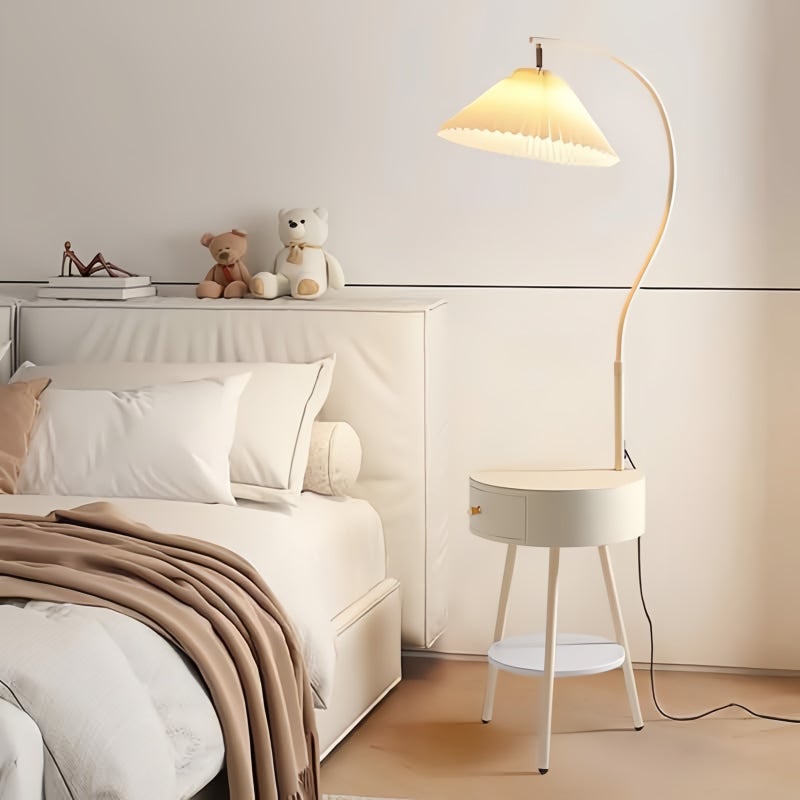 Sharpdo 3-Color Light LED Cream Style Pleated Shade Floor Lamp with White Drawer, Height Adjustable - Image 3