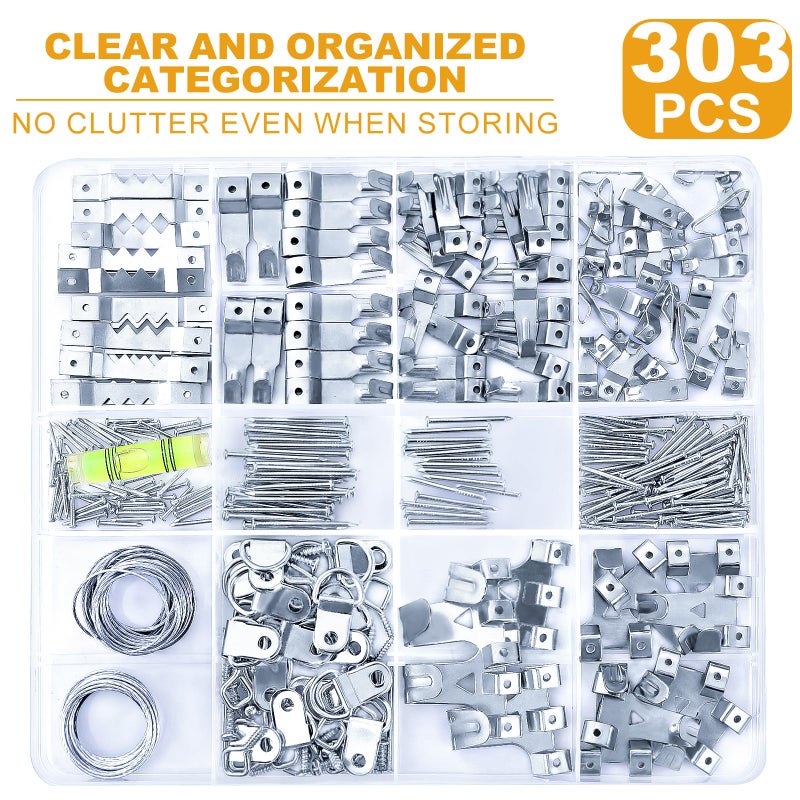 KURUI 303Pcs Picture Hanging Kit, Picture Hangers Assorted Kit with Heavy Duty Wall Hooks, Sawtooth, Picture Wire, D Rings, Hardware Nails, Eye Hooks, Silver Heavy Duty Frame Hooks - Image 2