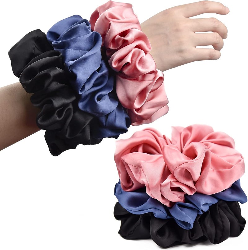 CEELGON Big Real Silk Scrunchies for Women Large Scrunchie Satin Oversized Silk Thick Elastic Hair Ties Jumbo Hair Scrunchies 3 Pack (black,pink,blue) - Image 1