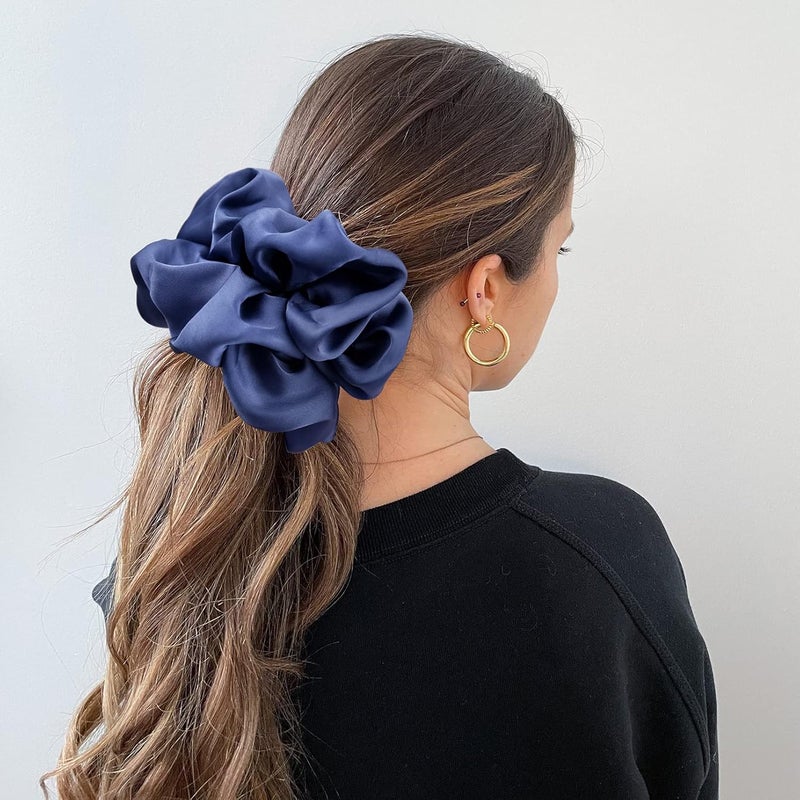 CEELGON Big Real Silk Scrunchies for Women Large Scrunchie Satin Oversized Silk Thick Elastic Hair Ties Jumbo Hair Scrunchies 3 Pack (black,pink,blue) - Image 4