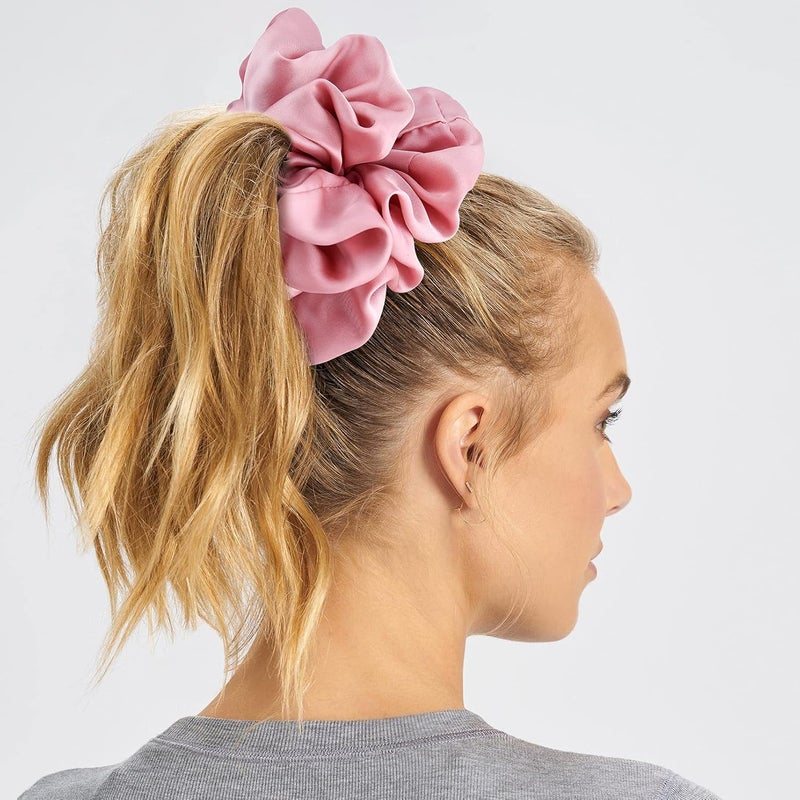 CEELGON Big Real Silk Scrunchies for Women Large Scrunchie Satin Oversized Silk Thick Elastic Hair Ties Jumbo Hair Scrunchies 3 Pack (black,pink,blue) - Image 3