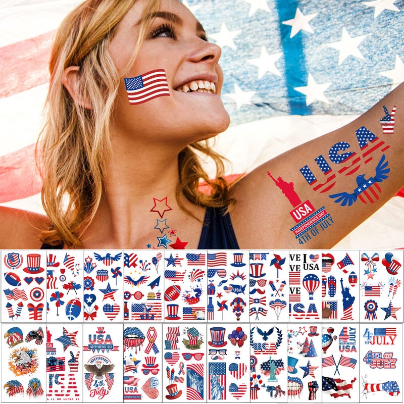 20 Sheets 4th of July Temporary Tattoos for Women  Independence Day Waterproof Body Art Stickers