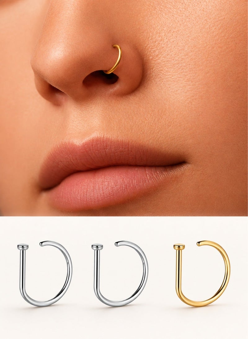 Fake Nose Rings 3-Piece Open Hoop Nose Piercing Set in Silver and Gold, Minimalist Nose Jewelry, 8 mm - Image 1