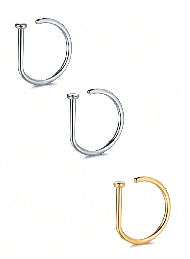 Fake Nose Rings 3-Piece Open Hoop Nose Piercing Set in Silver and Gold, Minimalist Nose Jewelry, 8 mm - Image 2