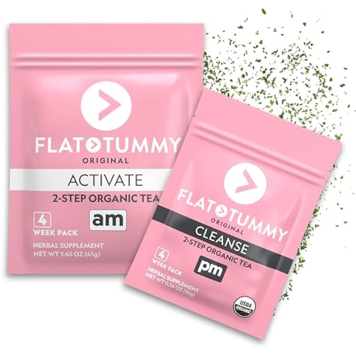 Flat Tummy شاي البطن المسطح - برنامج من خطوتين لمدة 4 أسابيع - شاي ديتوكس لزيادة الطاقة وتقليل الانتفاخ* - تطهير طبيعي بالكامل مع الشاي الأخضر، بلسم الليمون، الهندباء، الشمر، والمزيد - دعم الهضم - Image 1