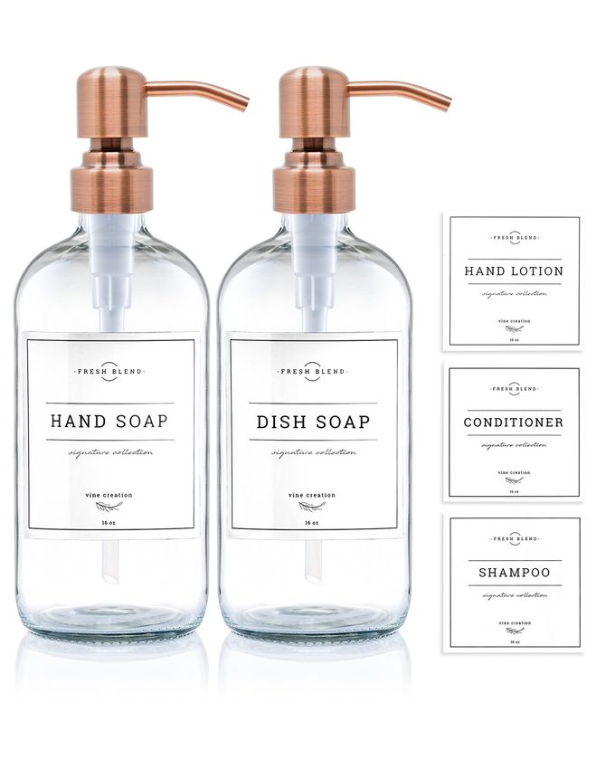 CLEAR GLASS SOAP DISPENSER 2 PACK KITCHEN SOAP DISPENSER SET WITH STAINLESS STEEL PUMP 16 OZ DISH SOAP AND HAND SOAP DISPENSERS FOR BATHROOM WITH WATERPROOF LABELS