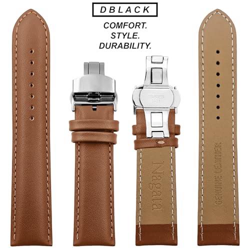 DBLACK ''NAGATA3'' Leather Watch Strap with Butterfly Lock, Minimalist Design Watch Belt // For 18mm, 20mm, 22mm, or 24mm Watch Band (Choose Your Size & Color) (Tan, 20mm / Silver) - Image 5