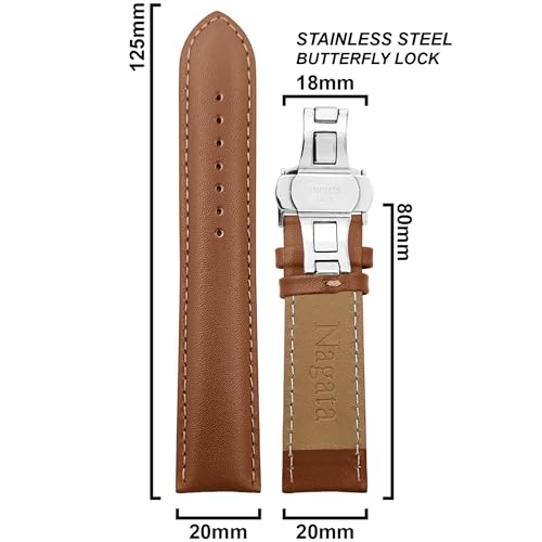 DBLACK ''NAGATA3'' Leather Watch Strap with Butterfly Lock, Minimalist Design Watch Belt // For 18mm, 20mm, 22mm, or 24mm Watch Band (Choose Your Size & Color) (Tan, 20mm / Silver) - Image 2