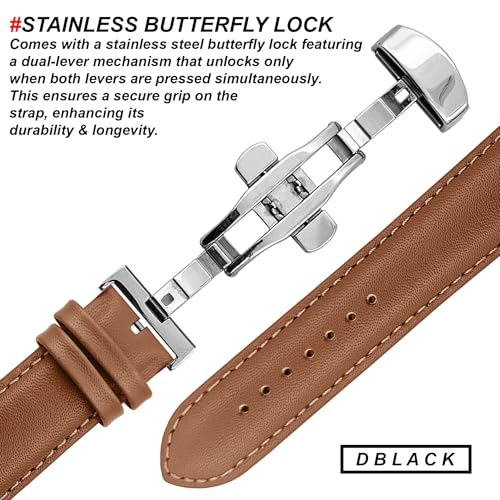 DBLACK ''NAGATA3'' Leather Watch Strap with Butterfly Lock, Minimalist Design Watch Belt // For 18mm, 20mm, 22mm, or 24mm Watch Band (Choose Your Size & Color) (Tan, 20mm / Silver) - Image 3