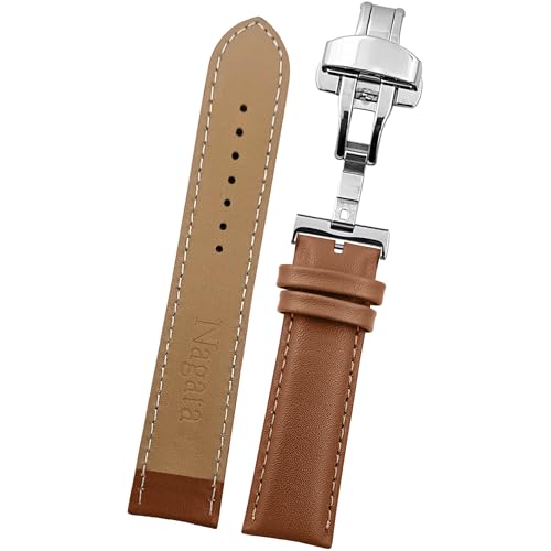 DBLACK ''NAGATA3'' Leather Watch Strap with Butterfly Lock, Minimalist Design Watch Belt // For 18mm, 20mm, 22mm, or 24mm Watch Band (Choose Your Size & Color) (Tan, 20mm / Silver) - Image 1
