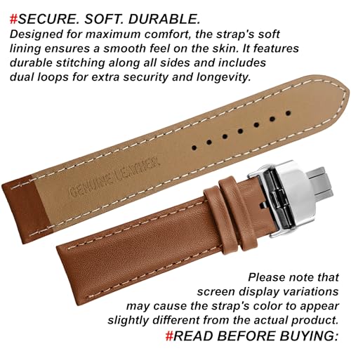 DBLACK ''NAGATA3'' Leather Watch Strap with Butterfly Lock, Minimalist Design Watch Belt // For 18mm, 20mm, 22mm, or 24mm Watch Band (Choose Your Size & Color) (Tan, 20mm / Silver) - Image 4