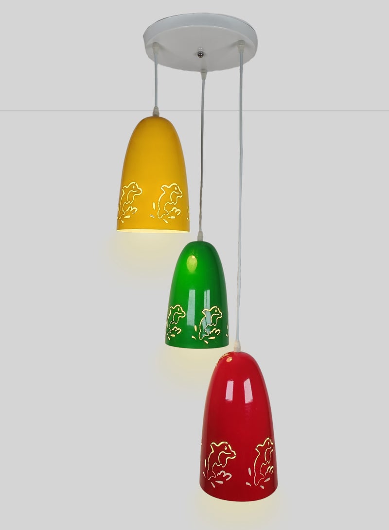 Dolphy chandelier/pendant with 3 lamps in 3 colorful lanterns, providing a cheerful sense whith the engraved shiney dolphines from the pendant, suitable for living rooms,bedrooms, kids bedrooms & office mounted - Image 1