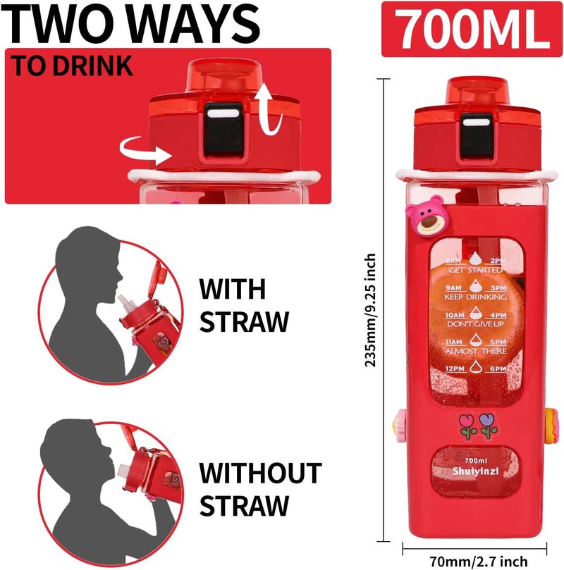 fufeisi Kawaii Water Bottle for Girls,Cute Kids Water Bottles with Straw,700ml Portable LeakProof Water Bottles With Adjustable Shoulder Strap for School(Red)… - Image 2
