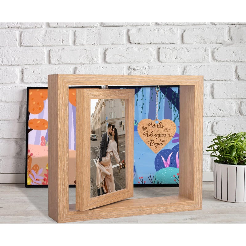 ishine Rotating Floating Let the Adventure Begins Picture Frame  Engagement Gifts for Couples  Rustic 4x6 Floating Picture Frames Cool Wedding Bride to Be Bridal Shower Gifts for Couples Unique 2023 (Romantic Engagement Picture Frames) - Image 2