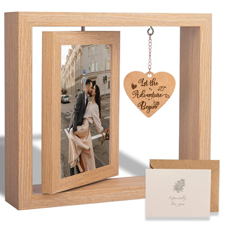 ishine Rotating Floating Let the Adventure Begins Picture Frame  Engagement Gifts for Couples  Rustic 4x6 Floating Picture Frames Cool Wedding Bride to Be Bridal Shower Gifts for Couples Unique 2023 (Romantic Engagement Picture Frames) - Image 1