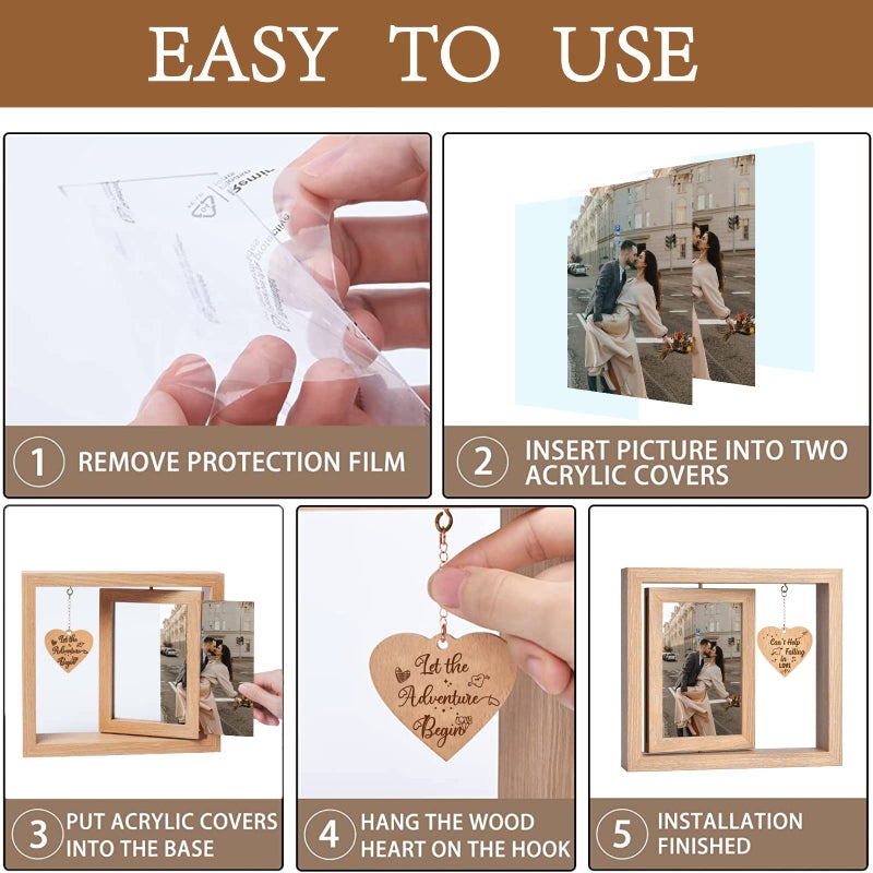 ishine Rotating Floating Let the Adventure Begins Picture Frame  Engagement Gifts for Couples  Rustic 4x6 Floating Picture Frames Cool Wedding Bride to Be Bridal Shower Gifts for Couples Unique 2023 (Romantic Engagement Picture Frames) - Image 5