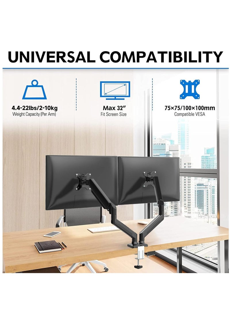 ELTRAZONE - Dual Monitor Mount Stand, Adjustable Monitor Stand, Articulating Gas Spring Monitor Arm, Monitor Desk Mount with Clamp and Grommet Base - Fits 13 to 32 Inch Computer Monitors - Image 1