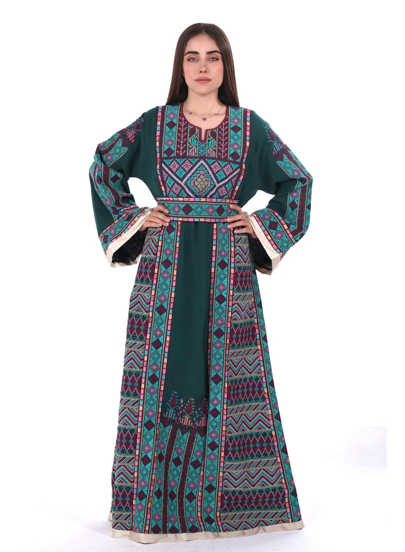Women jalabiya dress- Embroidered Belted Kaftan Abaya